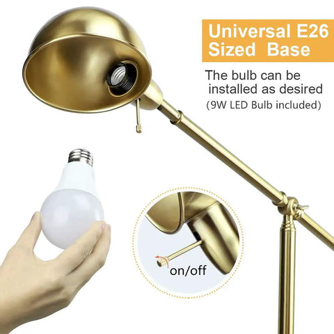Metal Floor Lamp With Adjustable Swing Arm Reading Light, 9W Brass Task Lamp, gold body with 9W LED bulb and on/off switch