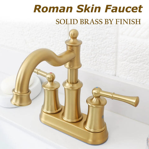 Roman Style Bathroom Sink Faucet With Deck Or Wall Mount Setup, Pop Up Drain And Overflow, Brushed Gold Finish, 2 Hole Deck Mount