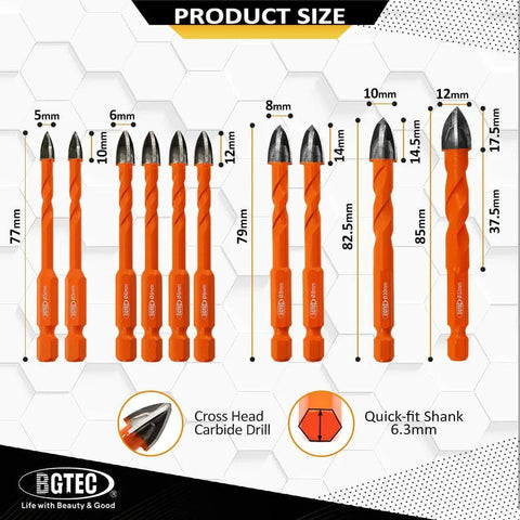BGTEC 10-piece masonry drill bit set with tungsten carbide tips and quick-fit hex shanks, sizes 5-12 mm.