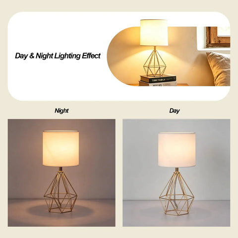 Gold Table Lamps Set Of 2 Dope End Table Lamps with white fabric shades showing day and night lighting effect in room settings.