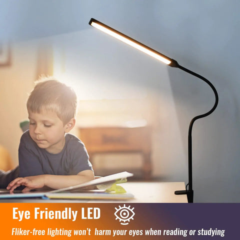 Lit LED Desk Lamp With Clamp, Tall Gooseneck Clip On Light illuminating a child reading, highlighting eye-friendly features