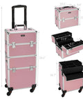 2 In 1 Rolling Makeup Case For Travel And Studio, Aluminum Frame Cosmetic Train Case with lockable latches, 360-degree wheels