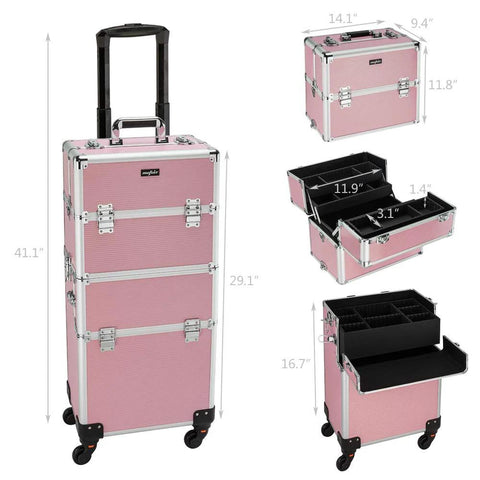 2 In 1 Rolling Makeup Case For Travel And Studio, Aluminum Frame Cosmetic Train Case with lockable latches, 360-degree wheels