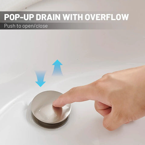 Close-up of the pop-up drain with overflow from the 8 Inch Widespread Bathroom Faucet With Three Holes And Two Handles In Dope Brushed Nickel Finish Farmhouse Style Waterfall Sink Faucet With Pop Up Drain Overflow Vanity Basin Mixer Tap And Lavatory Supply Line, showing a finger pressing it to operate.