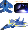 Kids 2.4GHz RC Airplane With Gyro Stabilization And Night Flying LED Lights, blue foam model with LED strips.