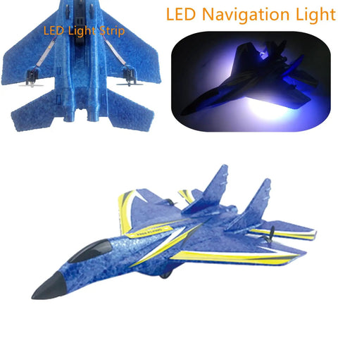 Ready To Fly 2 Channel RC Airplane with Gyro for Kids and Adults Durable EPP Foam Jet Toy with LED lights, top and side view