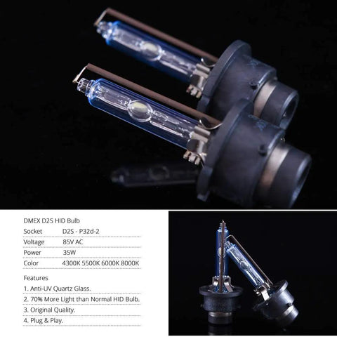 D2S HID Xenon Headlight Bulbs 35W Replacement Pack Of 2 6000K Cool White Quartz Glass on black background