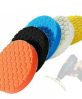 Badass 6-Inch Foam Buffing Pads for Cars, Heavy-Duty Polisher Pads with Hook and Loop Fit Drills and Dual Buffers, Ultimate Auto Detailing Kit to Wreck Scratches and Get a Hella Slick Shine, 5-Pad Color-Coded Set showing five colorful hex-pattern foam pads.