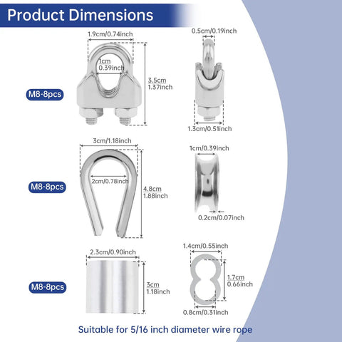 Dimensions of 24 Piece M8 Wire Rope Cable Clamp Ferrule Kit With Eight Five Sixteenth Inch Clamps, Eight Stainless Steel Thimbles, And Eight Crimping Loop Sleeves In 304 Stainless For Rigging, DIY, Marine, And Outdoor Projects.
