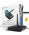 Smart Garage Door Opener Remote With External Antenna For Up To 3 Doors shown with packaging and smartphone app