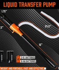 HORUSDY battery-powered liquid transfer pump with orange nozzle, long white hose, and black handheld body.