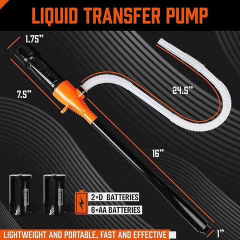 HORUSDY battery-powered liquid transfer pump with orange nozzle, long white hose, and black handheld body.