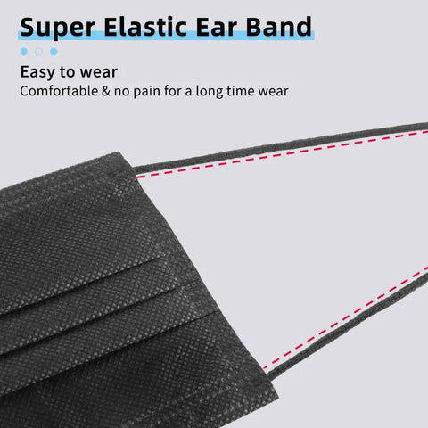 Close-up of elastic ear band on black Disposable Face Masks 3 Ply With Melt Blown Filter 50 Pack All Day Comfort Breathable Everyday Go To Mask.