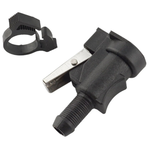 Black fuel line connector socket and clamp, 3/8 inch. Fuel Line Connector Socket For Suzuki Outboard Motors DF 4 To 140 HP Three Eighths Inch Quick Install OEM Replacement 65750-87JL0 65750-87J11 65750-87J10 65750-87J00 Sierra 18-80419 Easy Install.