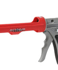 Professional Drip Free Caulk Gun With Integrated Four Sided Tooling Square And Two Sided Scraper For Zero Mess Nonsense Hella Smooth Finishes Lightweight 12 To 1 Ratio Frame, red and gray design, ergonomic handle.