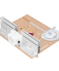 Heavy Duty Aluminum Alloy Router Lifting Table With Slick Height Adjustment Inserts For Woodworking Shop Benches stainless steel built close-up of router lift plate with gauge and alignment features.
