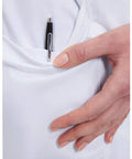 Close-up of pocket detail on Contemporary Fit Women's 37 Inch Twill Fitted Lab Coat With Notched Lapels And Button Front In White Long Length