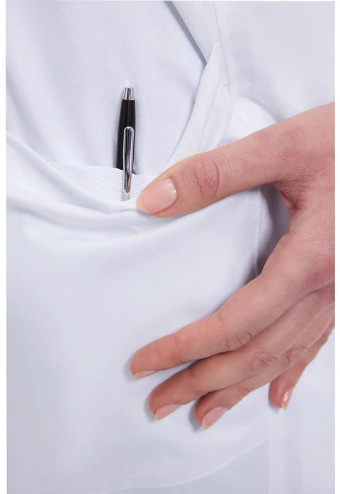 Close-up of pocket detail on Contemporary Fit Women's 37 Inch Twill Fitted Lab Coat With Notched Lapels And Button Front In White Long Length