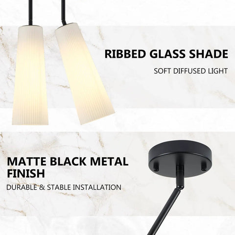 Ziikopoo 2 Pack Modern Matte Black Kitchen Island Pendant Lights, conical ribbed glass shades with soft diffused light overhead.