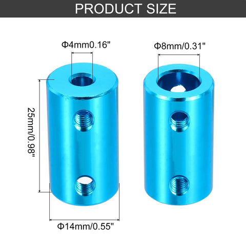 Two blue aluminum alloy rigid screw shaft couplers for 4–8 mm shafts, 25 mm long, 14 mm OD