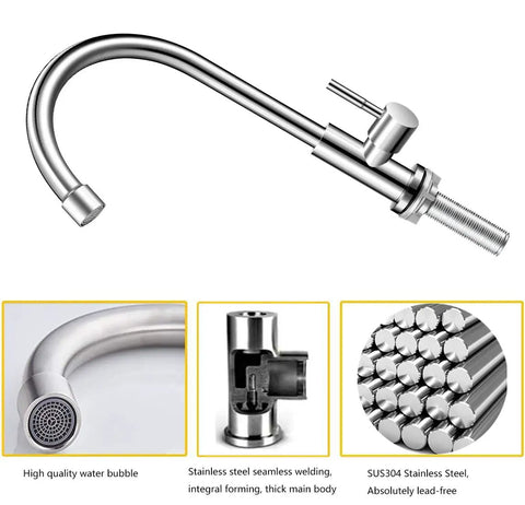 Straight Up Brushed Nickel Cold Water Faucet Single Handle Single Hole Setup For Kitchen Or Outdoor Use Built Heavy Duty With Lead Free Stainless Steel And Extended Threaded Rod For Hassle Free Install - close-up view of stainless steel spout.