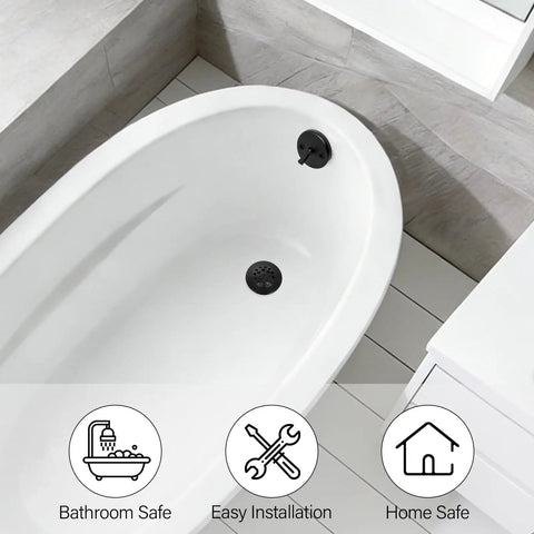 Fresh Matte Black Bathtub Drain Tub Trim Set With Universal Brass Adapter And Rock Solid Trip Lever Overflow Plate installed in modern bathtub.