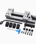 Heavy Duty Rock Solid Precision Bench Vise Built For Cnc Machining Centers And Milling Machines Featuring Dual Adjustment Screws And Heat Treated Steel, detailed view with additional accessories.