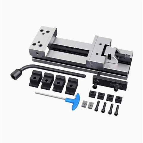 Heavy Duty Rock Solid Precision Bench Vise Built For Cnc Machining Centers And Milling Machines Featuring Dual Adjustment Screws And Heat Treated Steel, detailed view with additional accessories.