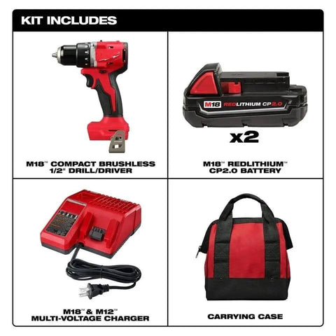 18V Cordless Compact Brushless Drill Driver Kit With Two Batteries Charger And Contractor Bag Heavy Duty Half Inch Chuck Tool For Tight Spaces Job Site Badass Power Control including drill, batteries, charger, and carrying case.