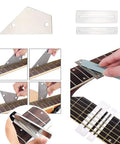 Guitar Repair Kit For Pros And Hobbyists With Pro Grade String Action Ruler Gauge Measuring Tools in use on guitar fretboard