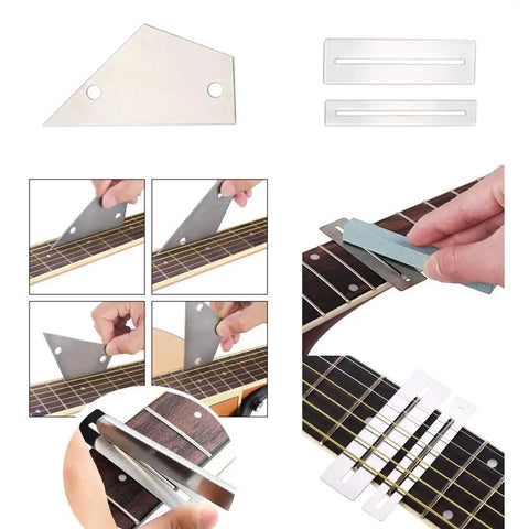 Guitar Repair Kit For Pros And Hobbyists With Pro Grade String Action Ruler Gauge Measuring Tools in use on guitar fretboard