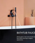 Black Wall Mounted Tub Faucet With Handheld Spray Waterfall Spout Set For Your Bathroom Renovation shown mounted above bathtub