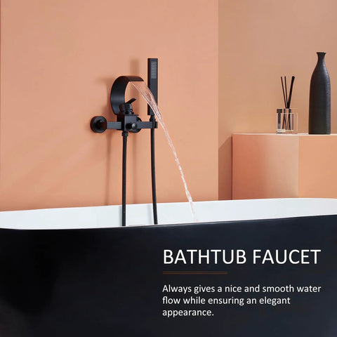 Black Wall Mounted Tub Faucet With Handheld Spray Waterfall Spout Set For Your Bathroom Renovation shown mounted above bathtub