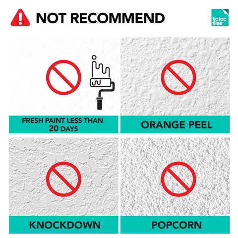 Not recommended surfaces for Peel And Stick Stone Tile Backsplash: fresh paint, orange peel, knockdown, popcorn texture.