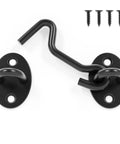 Rock Solid 3 Inch Matte Black Hook And Eye Latch for Swing Barn Doors, showing rustproof stainless construction and included screws.