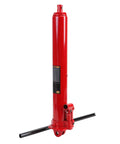Side view of Big Red 3-ton hydraulic long-ram jack with clevis base and pump handle