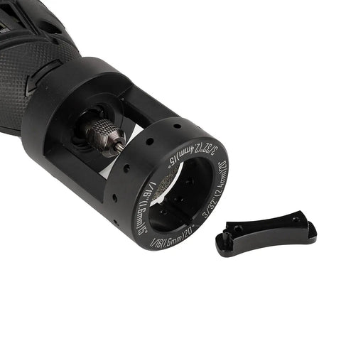 Ultra Portable Aluminum Tungsten Grinder Kit with 12 guides and 4 angles, showing cutoff slot and 3 mirrors, includes detail view