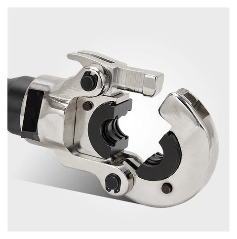 Heavy Duty Hydraulic Pipe Crimping Tool For Industrial Use Durable Pressing Tool With Large Piston Non Slip Grip Easy Clamp Long Lasting Performance For Warehouse Plumbing And Tube Fittings. Silver steel crimping head with open jaw