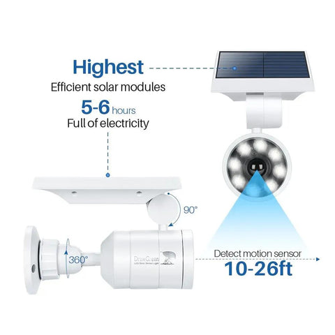 Diagram of No Fuss Solar Motion Lights Waterproof Metal Body Outdoor Security Flood Lights With PIR Motion Sensor, showcasing solar panel and motion detection range.