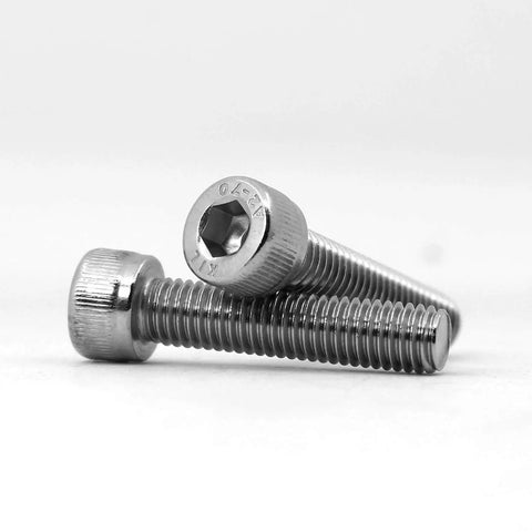 Dead Solid M6 X 30mm Socket Head Cap Screws With Full Threads And Allen Drive, stainless steel, two bolts in close up.