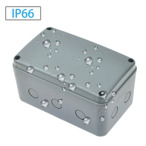 Gray Waterproof Junction Box With Fireproof ABS Enclosure, IP66 Outdoor Electrical Project Box 7.1 x 4.4 x 3.9 Inches, Weatherproof Housing For Garage, Workshop, And DIY Electronics, Pack Of 100, shown with IP66 label