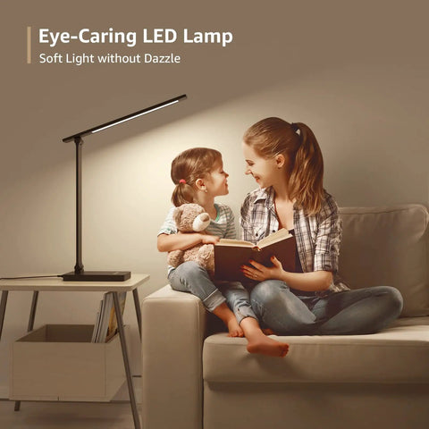 Mother and daughter reading under Awesome LED Desk Lamp For Home Office With Five Color Modes And Five Brightness Levels Metal Build