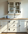 White kitchen cabinets with 30 Pack Black Cabinet Hinges 3.5 Inch H Shape Vintage Hammered Steel for decorative charm.