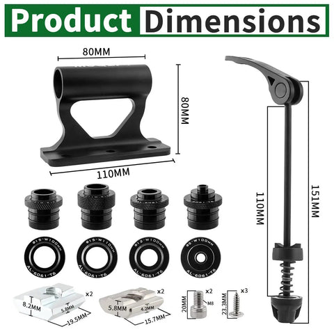 Dimensions of 2023 Upgraded Quick Release Thru Axle Bicycle Fork Rack Block With Four Adapters for secure transport, black