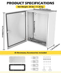 Heavy Duty Outdoor Electrical Junction Box With Boss Level Steel Construction And Legit IP66 Waterproof Seal Plus Powder Coated Shell dimensions and accessories included.