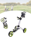 Lightweight Foldable Three Wheel Golf Push Cart With Adjustable Handle Foot Brake Cup Holder Quick Release Wheels on grassy course.