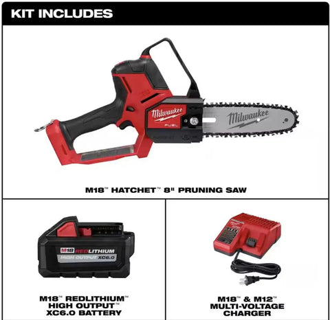 M18 FUEL 8 Inch Pruning Saw Kit With POWERSTATE Brushless Motor, featuring saw, 6Ah battery, and charger.