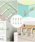 Kid Proof Cabinet Locks Set 4 Pack Adhesive Safety Straps for Drawers and Cabinets shown installed and in various angles.
