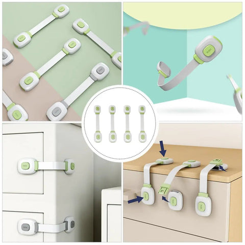 Kid Proof Cabinet Locks Set 4 Pack Adhesive Safety Straps for Drawers and Cabinets shown installed and in various angles.