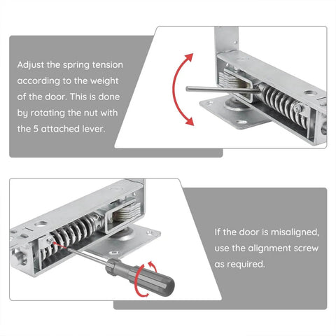 Adjustable torque on double action spring hinge with cover plates for wood doors using screwdriver, showing top pivot hinge mechanism.